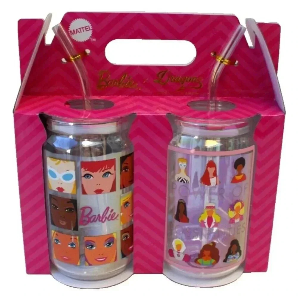 New Mattel Barbie X Drago Glass Drinking Cup W/ Lid Glassware Tumblers Set